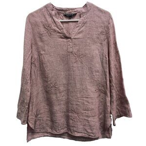 Charlie B Womens Top Small Pink Embroidered Linen Long Sleeve Coastal Resort